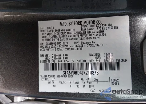 2018 Ford Fusion Se z USA, uszkodzony, nr VIN 3FA6P0HD4JR210878